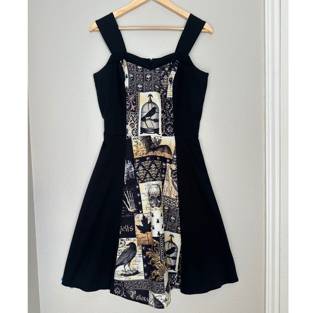 Hemet Retro Fit Flare Dress Large Black Gothic Apothecary Witchy Pin-Up 50's